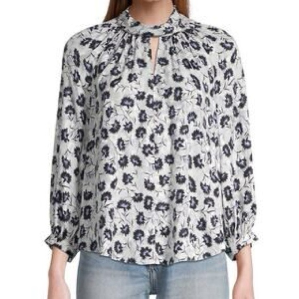 Rebecca Taylor Thistle Fleur Silk Blend White Blue Floral Long Sleeve Blouse 10